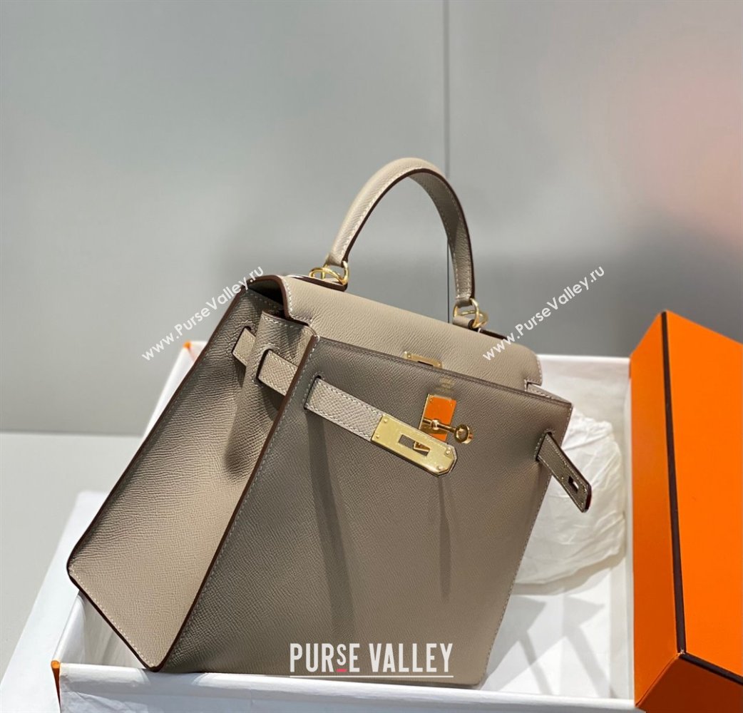 Hermes Epsom Kelly Bag 25cm 28cm in Calfskin Leather Pitch Grey Gold 2023 (FL-231021034)