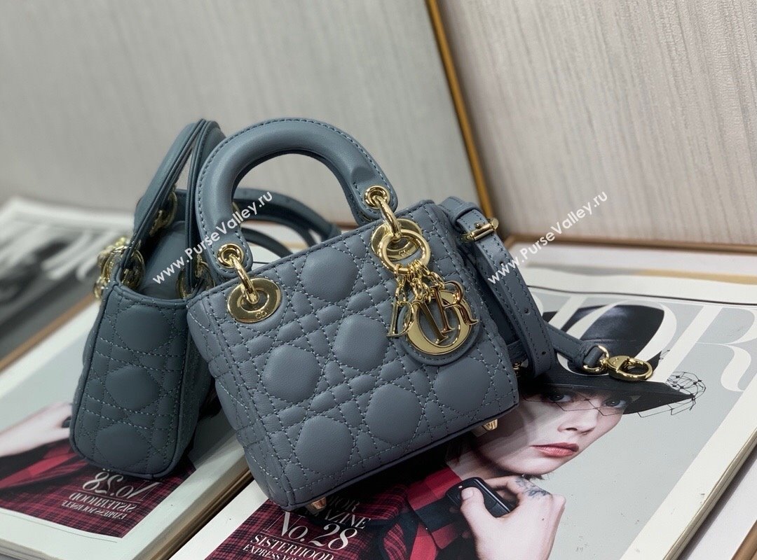 Dior Micro Lady Dior Bag in Lambskin Dusty Blue 2023 1021 (XXG-231021054)