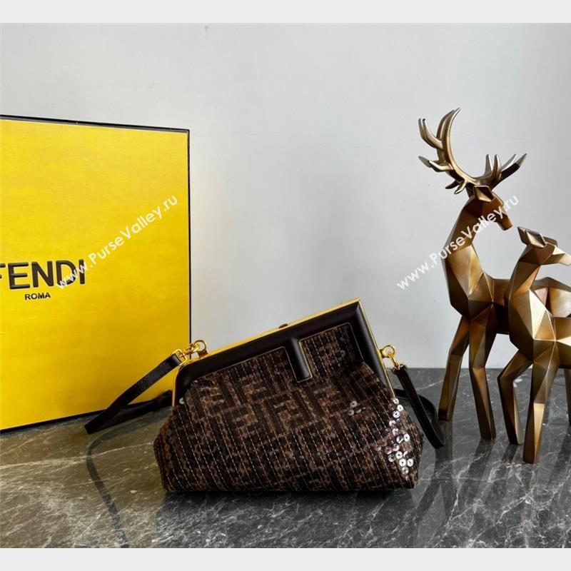 Fendi Fendi First Small Bag in Brown FF jacquard fabric bag with sequins 2023 (AF-231021070)