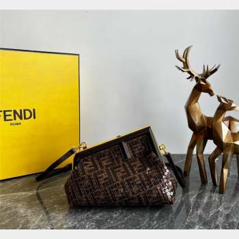 Fendi Fendi First Small Bag in Brown FF jacquard fabric bag with sequins 2023 (AF-231021070)