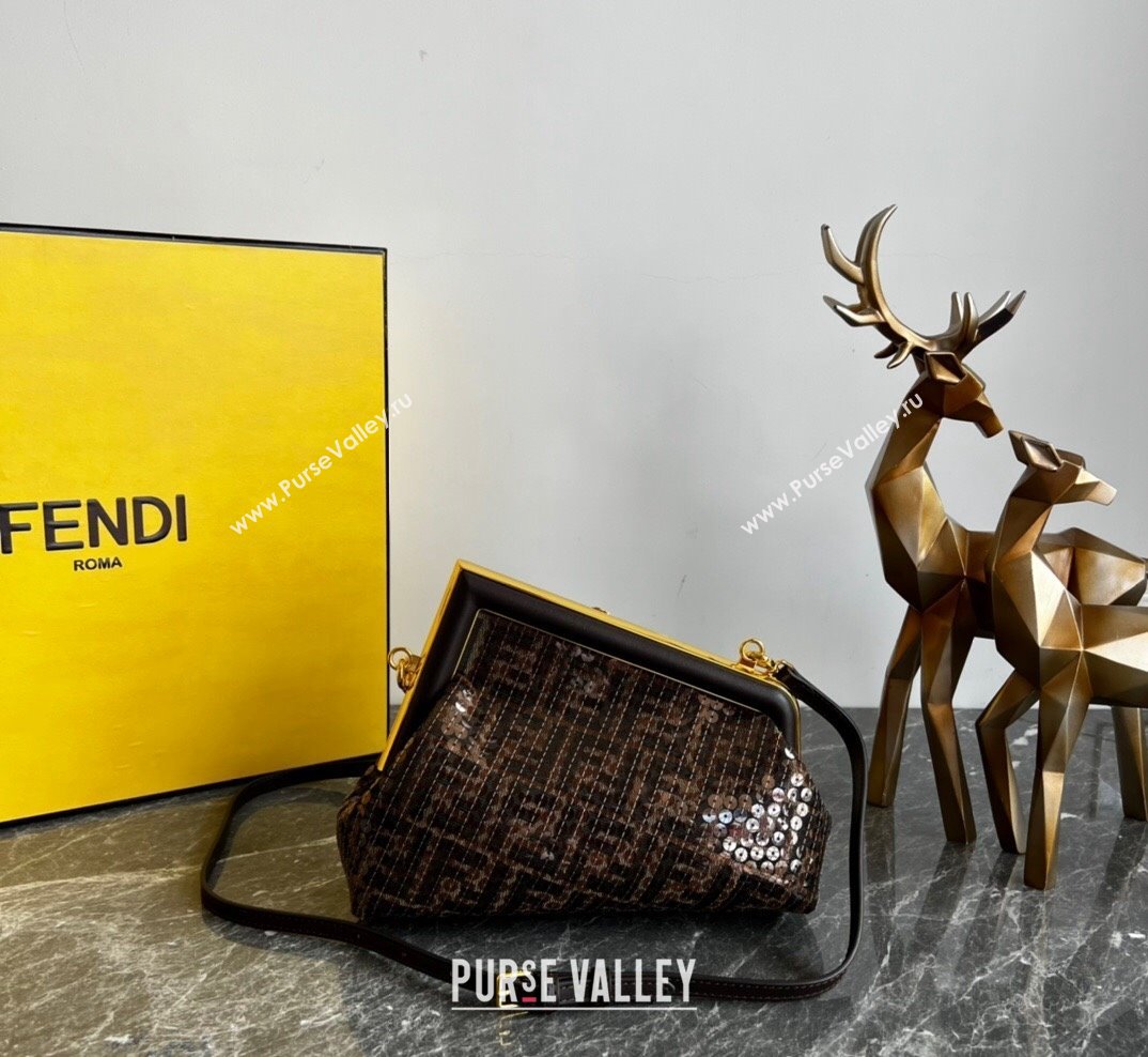 Fendi Fendi First Small Bag in Brown FF jacquard fabric bag with sequins 2023 (AF-231021070)