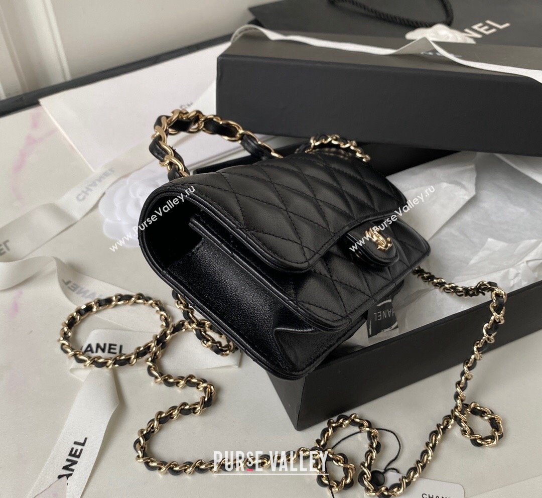 Chanel Lambskin Flap Phone Holder with Chain Top handle AP3226 Black 2023 (yezi-231020038)