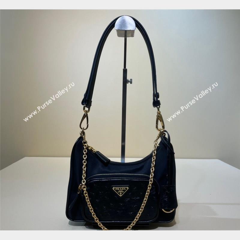 Re-Nylon and Ostrich-Like leather mini-bag Black 2023 1BC198 (YZ-231023008)