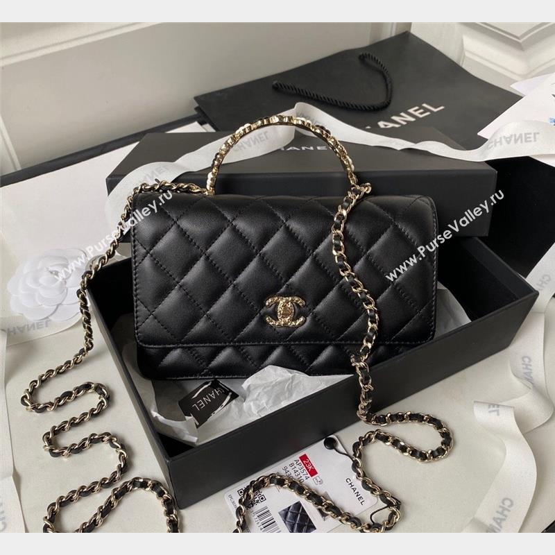 Chanel Lambskin Wallet on Chain WOC with Bloom Handle AP3574 Black 2023 (yezi-231020001)