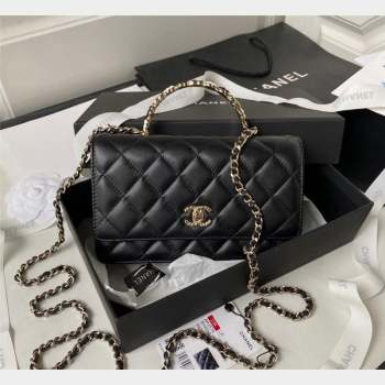 Chanel Lambskin Wallet on Chain WOC with Bloom Handle AP3574 Black 2023 (yezi-231020001)