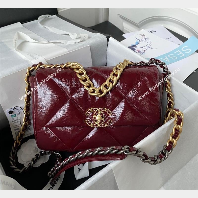 Chanel 19 Shiny Crinkle Calfskin Small Flap Bag AS1160 Burgundy 2023 (yezi-231020004)