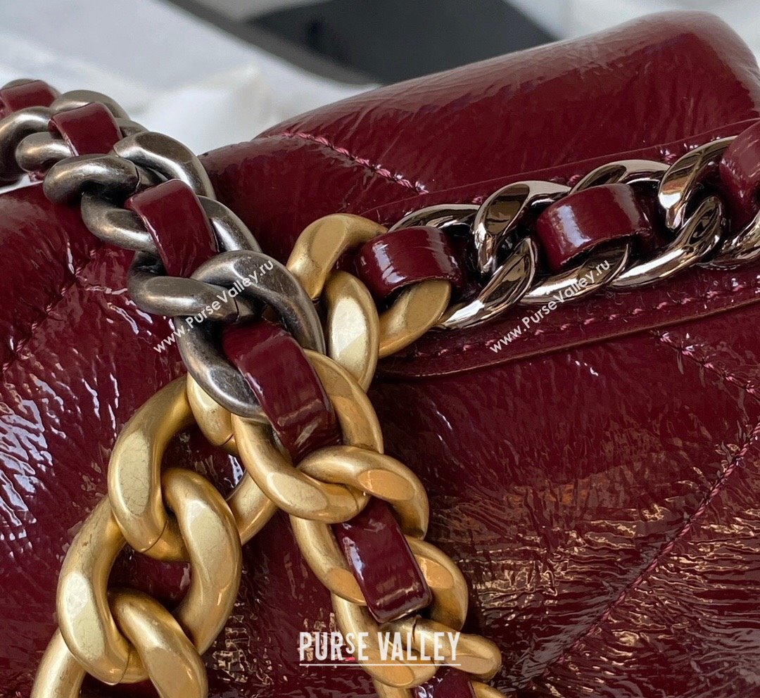 Chanel 19 Shiny Crinkle Calfskin Small Flap Bag AS1160 Burgundy 2023 (yezi-231020004)