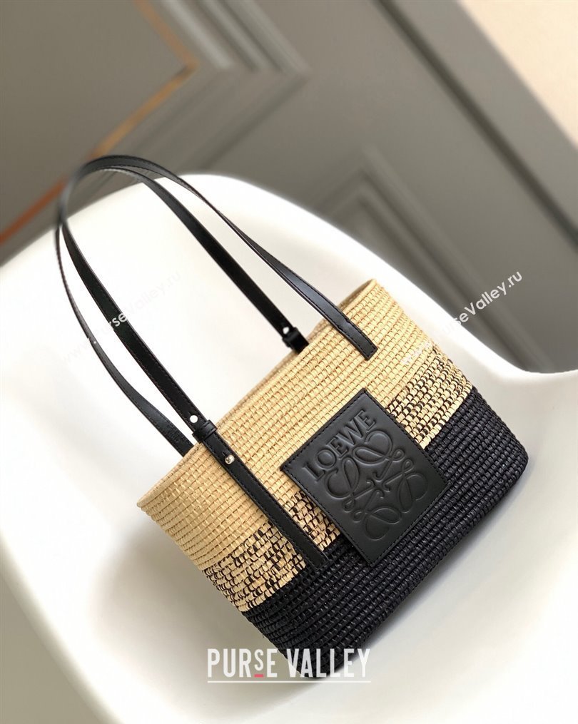 Loewe Small Square Basket Bag in Raffia Straw and Calfskin Black 2023 10112 (Ys-231023063)