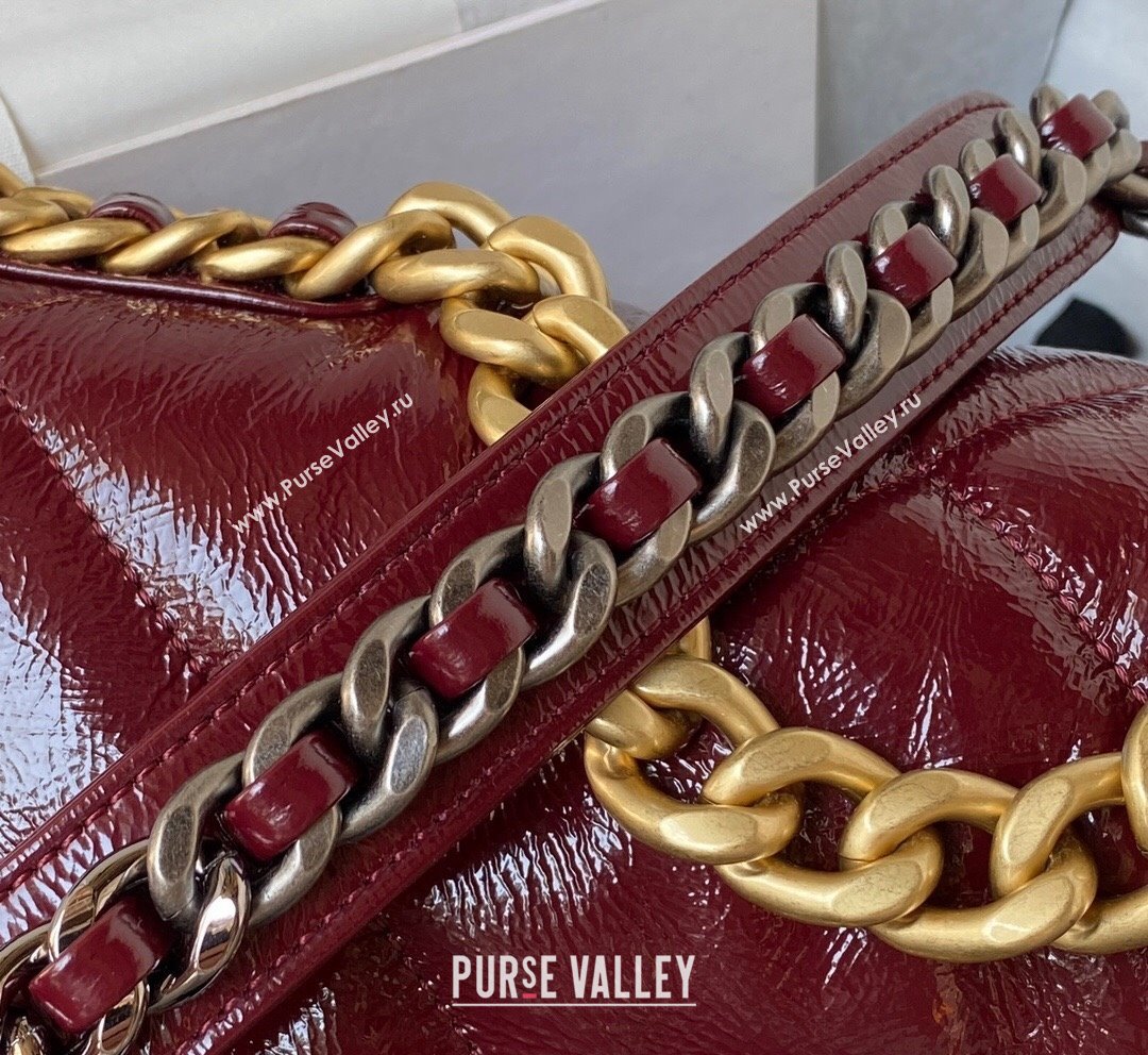 Chanel 19 Shiny Crinkle Calfskin Small Flap Bag AS1160 Burgundy 2023 (yezi-231020004)