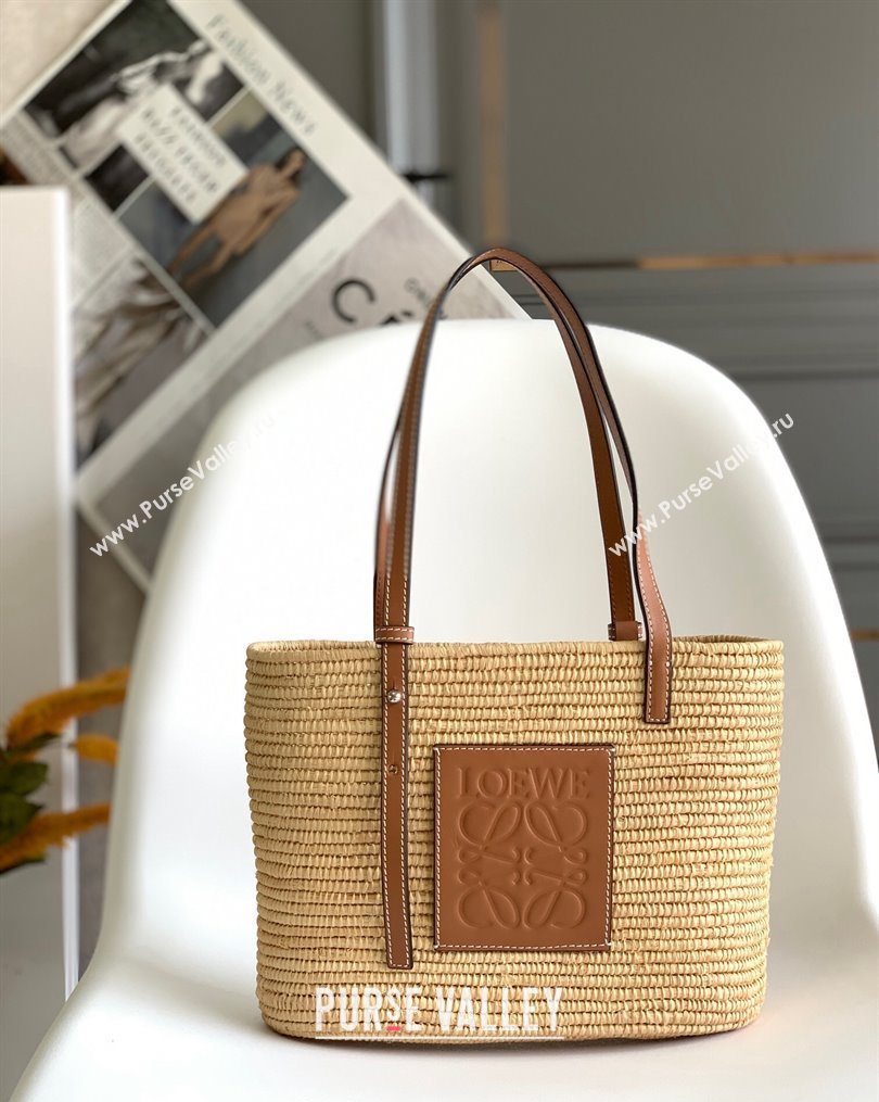 Loewe Small Square Basket Bag in Raffia Straw and Calfskin Brown 2023 10112 (Ys-231023064)