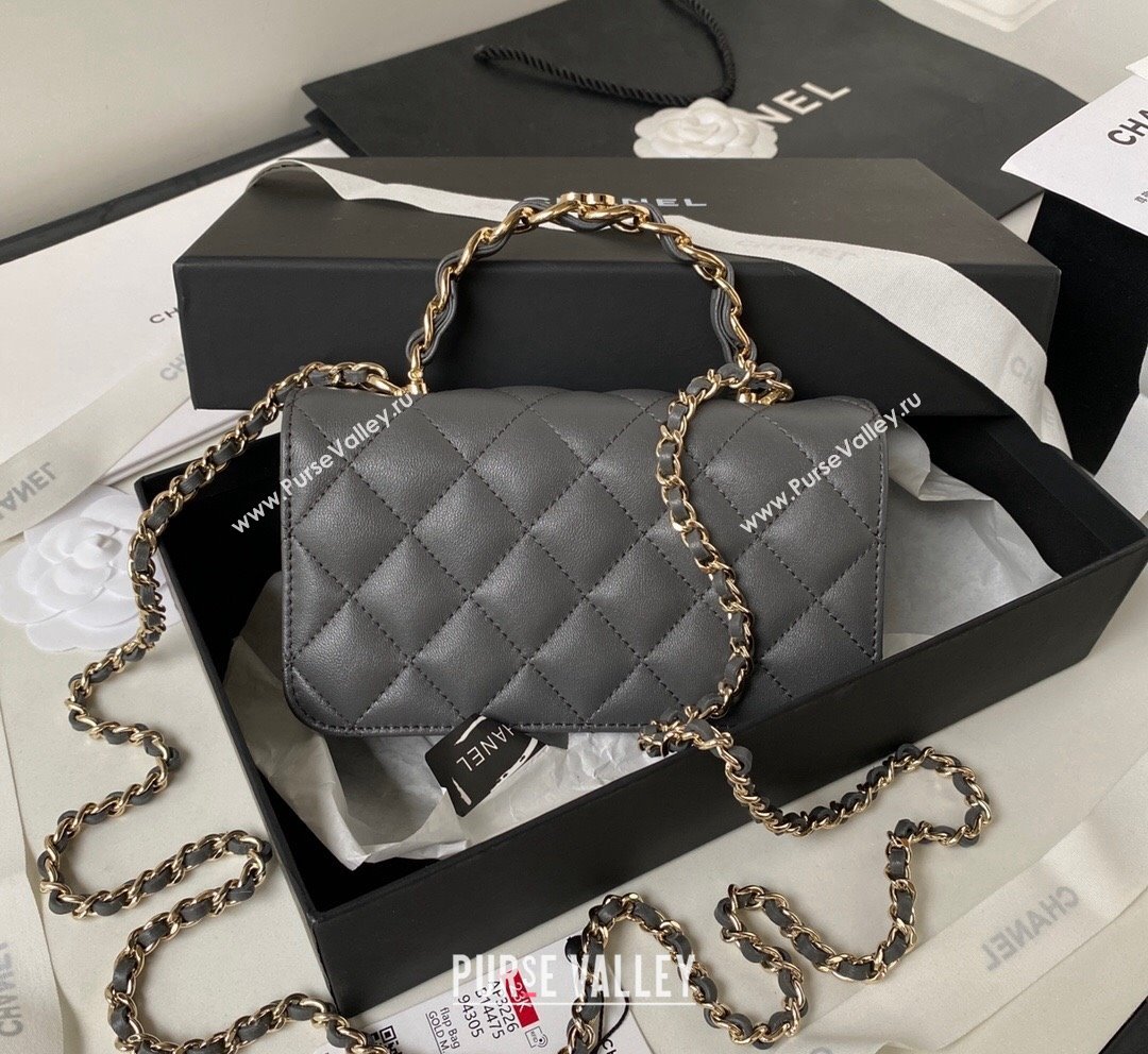 Chanel Lambskin Flap Phone Holder with Chain Top handle AP3226 Dark Grey 2023 (yezi-231020041)