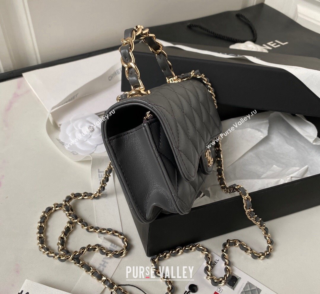 Chanel Lambskin Flap Phone Holder with Chain Top handle AP3226 Dark Grey 2023 (yezi-231020041)