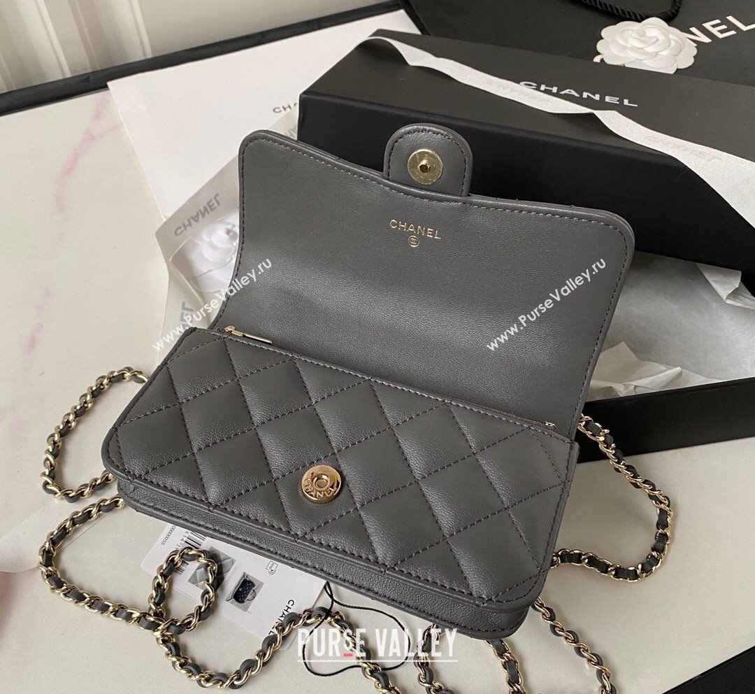 Chanel Lambskin Flap Phone Holder with Chain Top handle AP3226 Dark Grey 2023 (yezi-231020041)