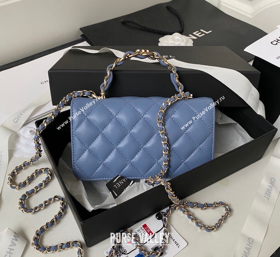 Chanel Lambskin Flap Phone Holder with Chain Top handle AP3226 Blue 2023 (yezi-231020042)