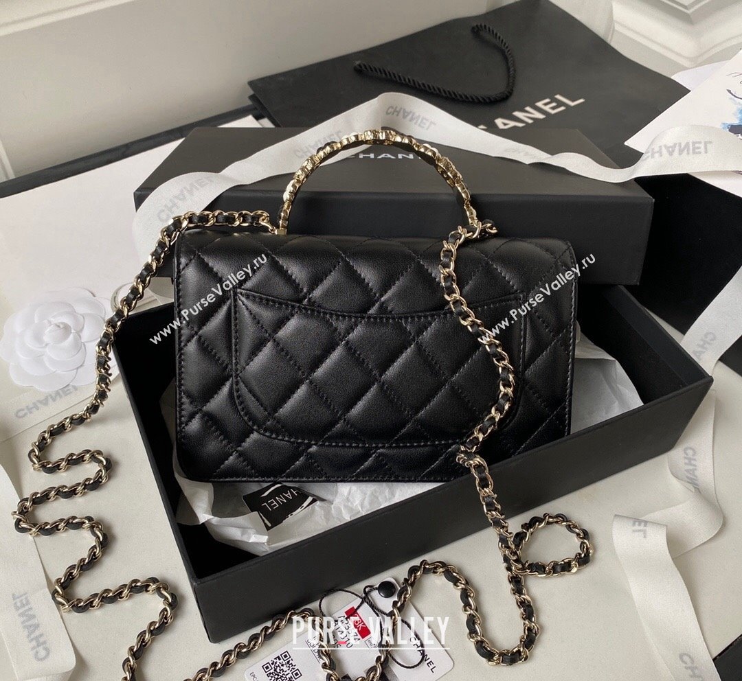 Chanel Lambskin Wallet on Chain WOC with Bloom Handle AP3574 Black 2023 (yezi-231020001)