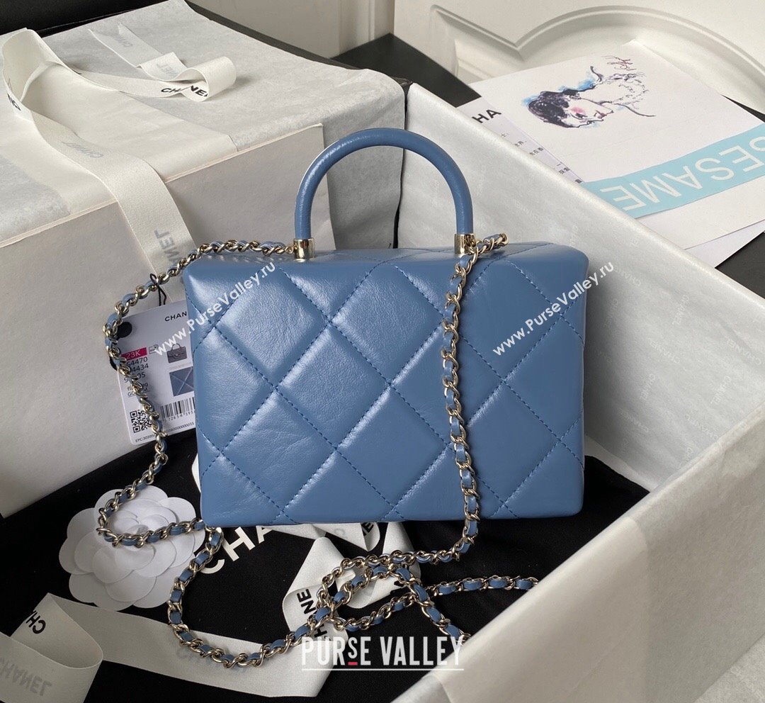 Chanel Quilted Shiny Calfskin Small Box Bag AS4470 Light Blue 2023 (yezi-231020035)