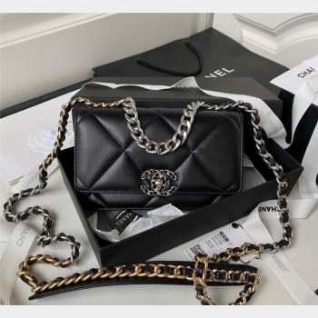 Chanel 19 Shiny Lambskin Wallet on Chain WOC AP3267 Black Silver 2023 (yezi-231020005)