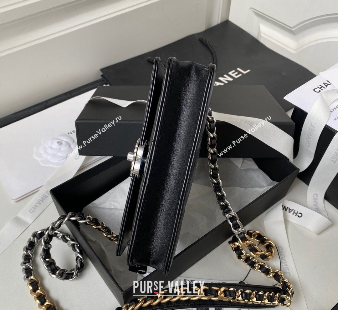 Chanel 19 Shiny Lambskin Wallet on Chain WOC AP3267 Black Silver 2023 (yezi-231020005)