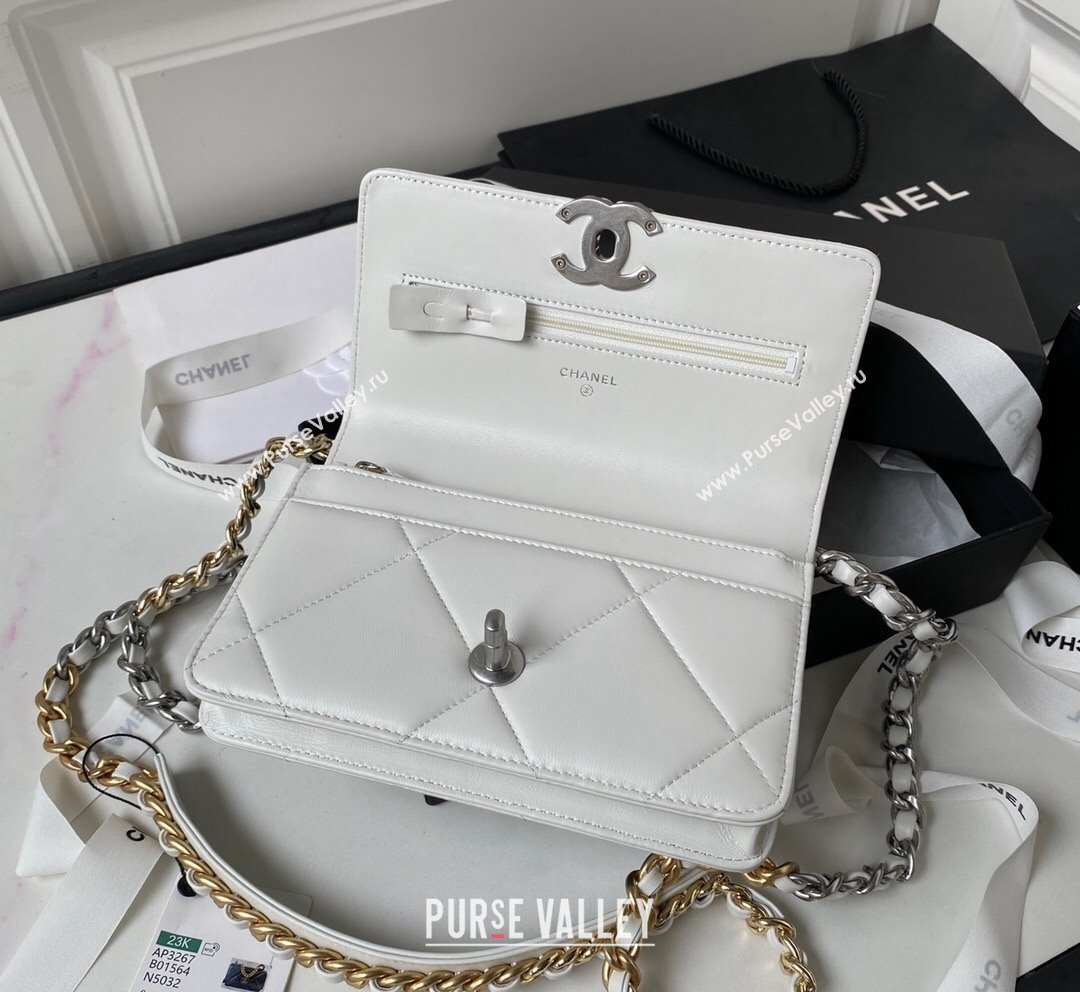 Chanel 19 Shiny Lambskin Wallet on Chain WOC AP3267 White Silver 2023 (yezi-231020006)