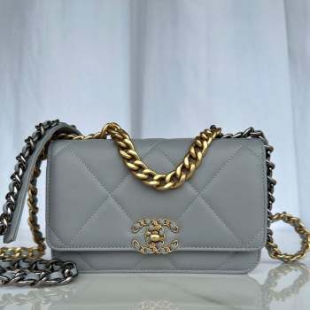 Chanel 19 Shiny Lambskin Wallet on Chain WOC AP3267 Grey 2023 (yezi-231020011)