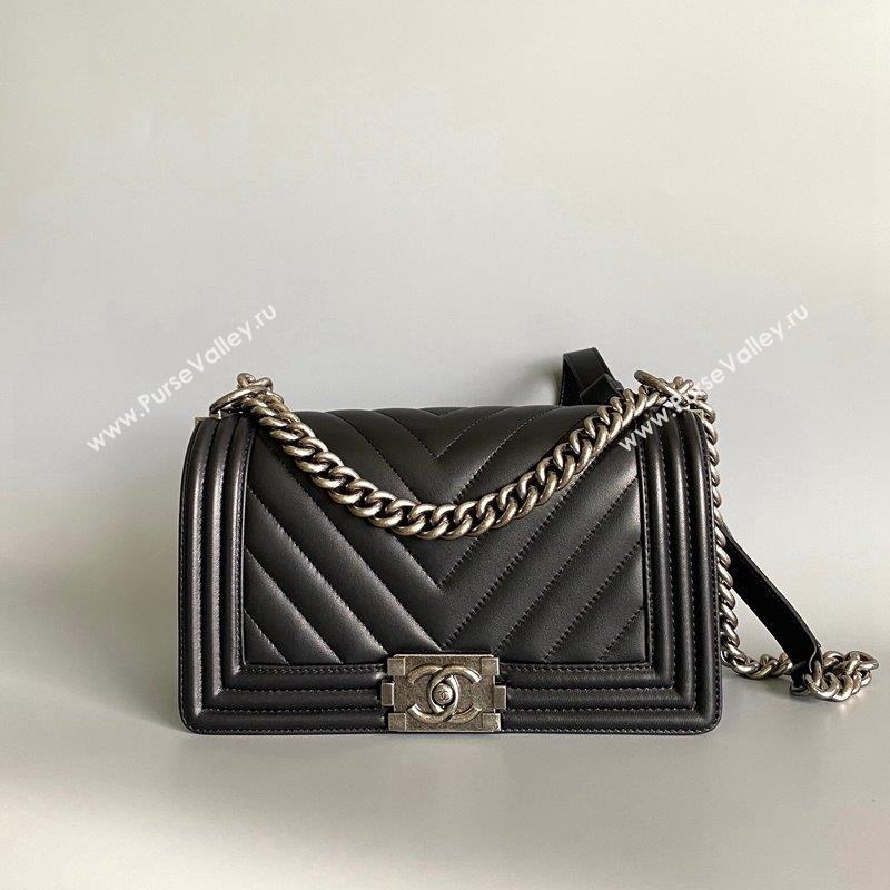 Chanel Chevron Lambskin Small Classic Leboy Flap Bag A67085 Black Aged Silver 2023 1020 (YD-231020070)