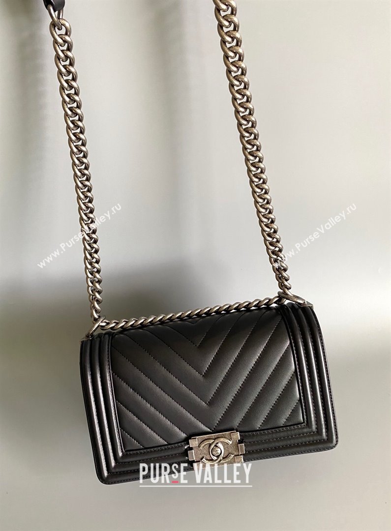 Chanel Chevron Lambskin Small Classic Leboy Flap Bag A67085 Black Aged Silver 2023 1020 (YD-231020070)