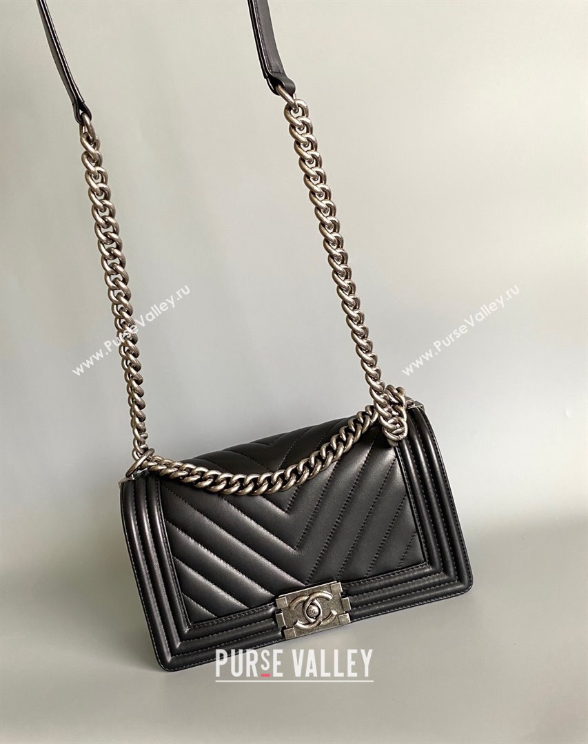 Chanel Chevron Lambskin Small Classic Leboy Flap Bag A67085 Black Aged Silver 2023 1020 (YD-231020070)