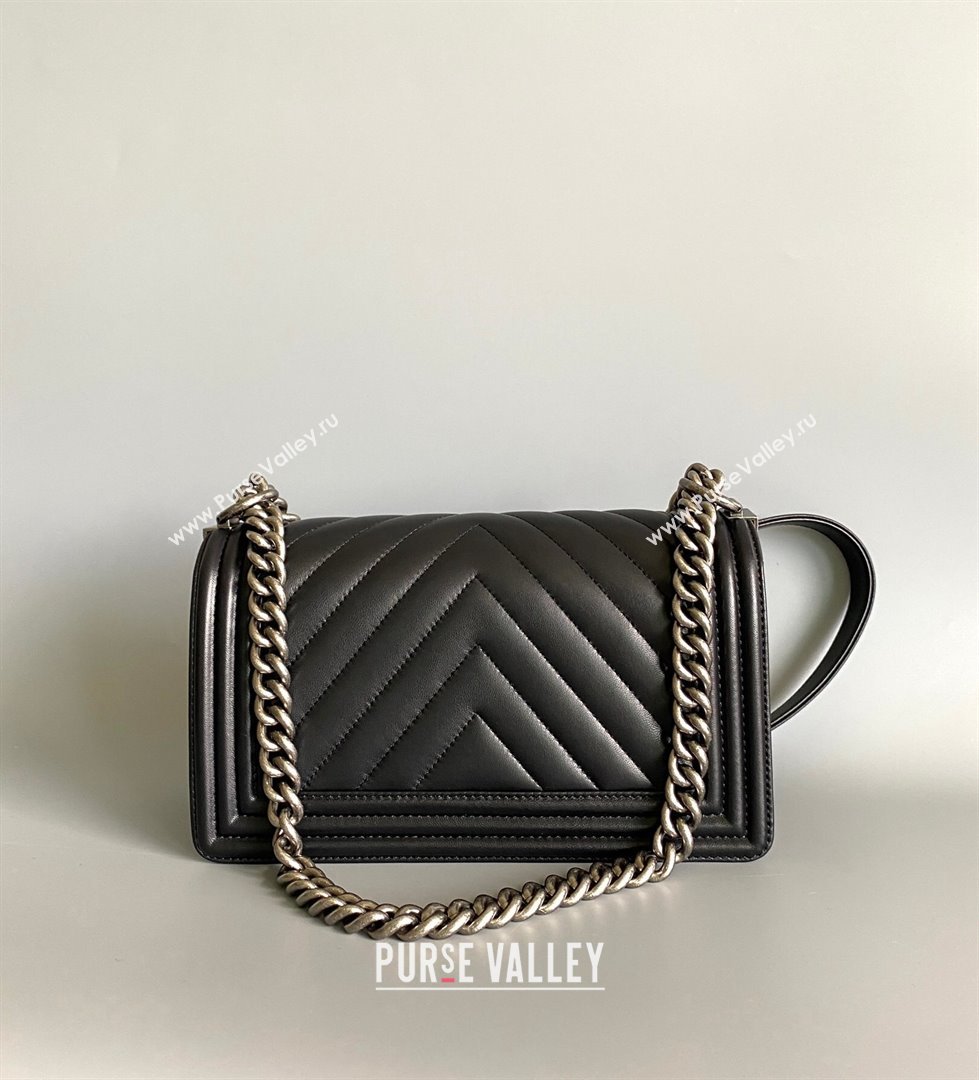 Chanel Chevron Lambskin Small Classic Leboy Flap Bag A67085 Black Aged Silver 2023 1020 (YD-231020070)