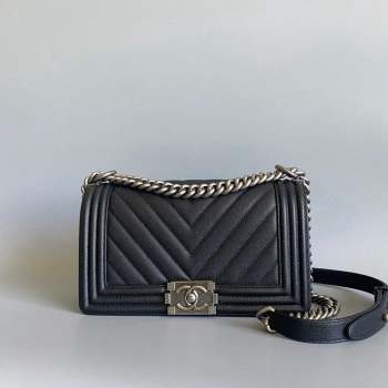 Chanel Chevron Grained Calfskin Medium Classic Leboy Flap Bag A67086 Black Aged Silver 2023 1020 (YD-231020071)