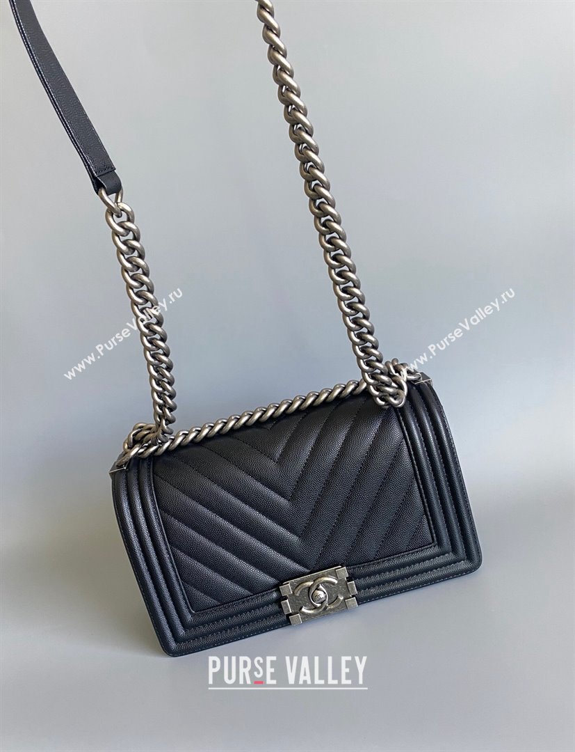 Chanel Chevron Grained Calfskin Medium Classic Leboy Flap Bag A67086 Black Aged Silver 2023 1020 (YD-231020071)