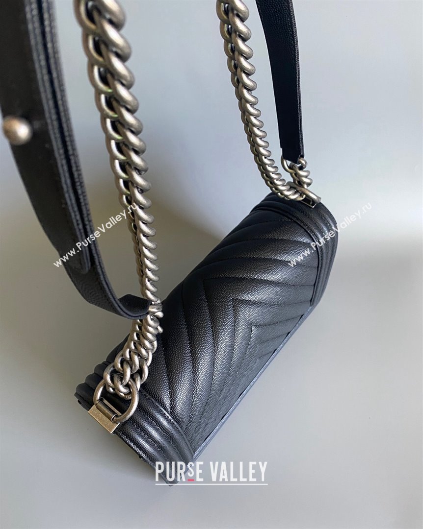 Chanel Chevron Grained Calfskin Medium Classic Leboy Flap Bag A67086 Black Aged Silver 2023 1020 (YD-231020071)