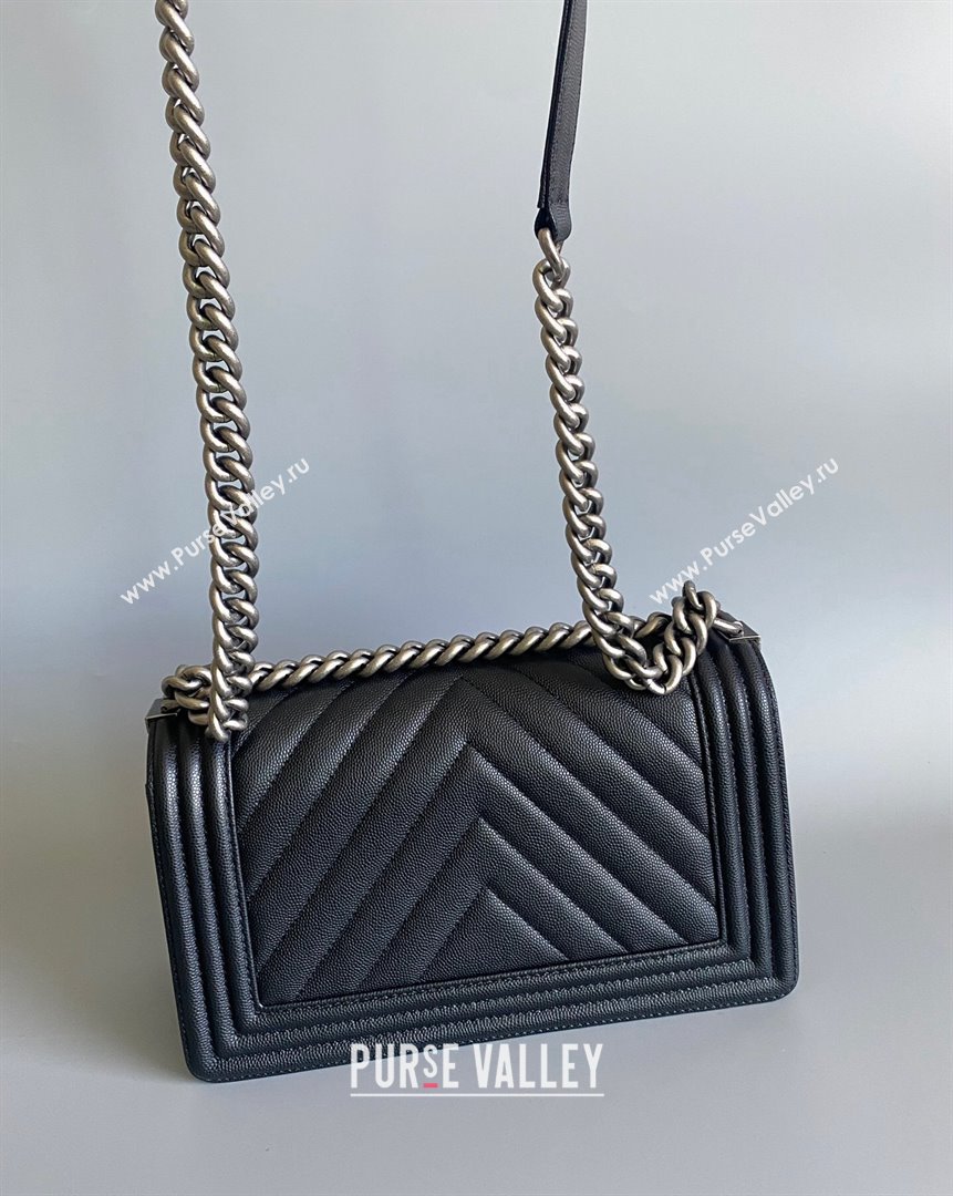 Chanel Chevron Grained Calfskin Medium Classic Leboy Flap Bag A67086 Black Aged Silver 2023 1020 (YD-231020071)