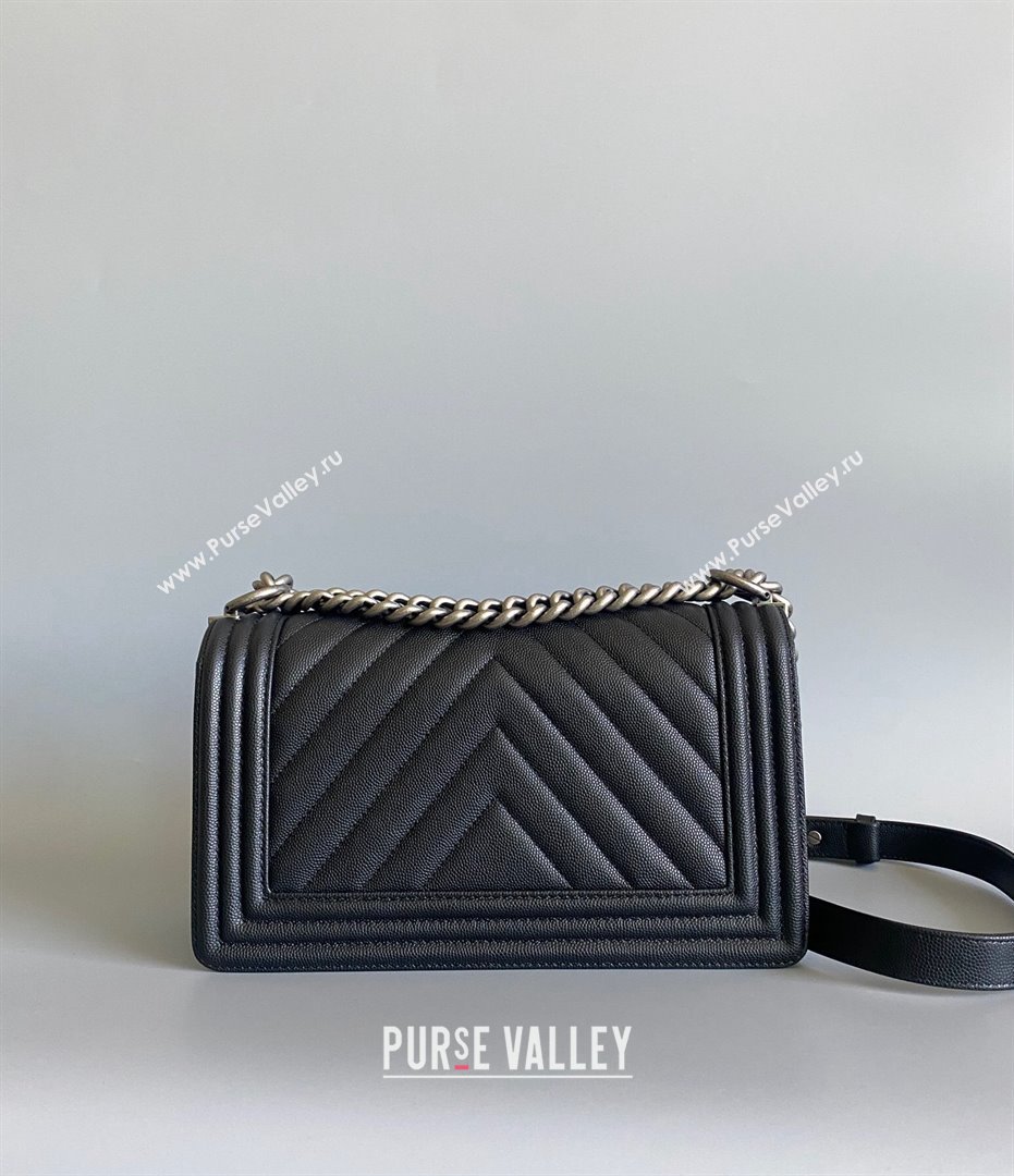 Chanel Chevron Grained Calfskin Medium Classic Leboy Flap Bag A67086 Black Aged Silver 2023 1020 (YD-231020071)