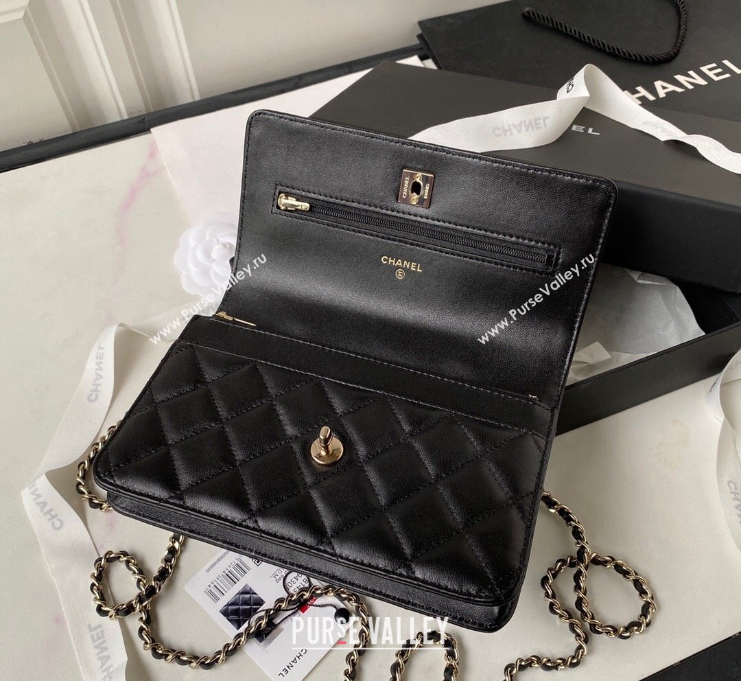 Chanel Lambskin Wallet on Chain WOC with Bloom Handle AP3574 Black 2023 (yezi-231020001)