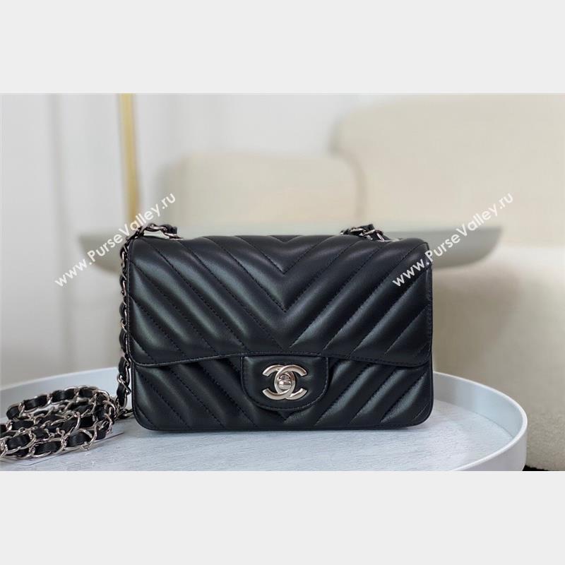 Chanel Chevron Lambskin Mini Classic Flap Bag Black Silver 2023 A01116 1020 (SM-231020080)