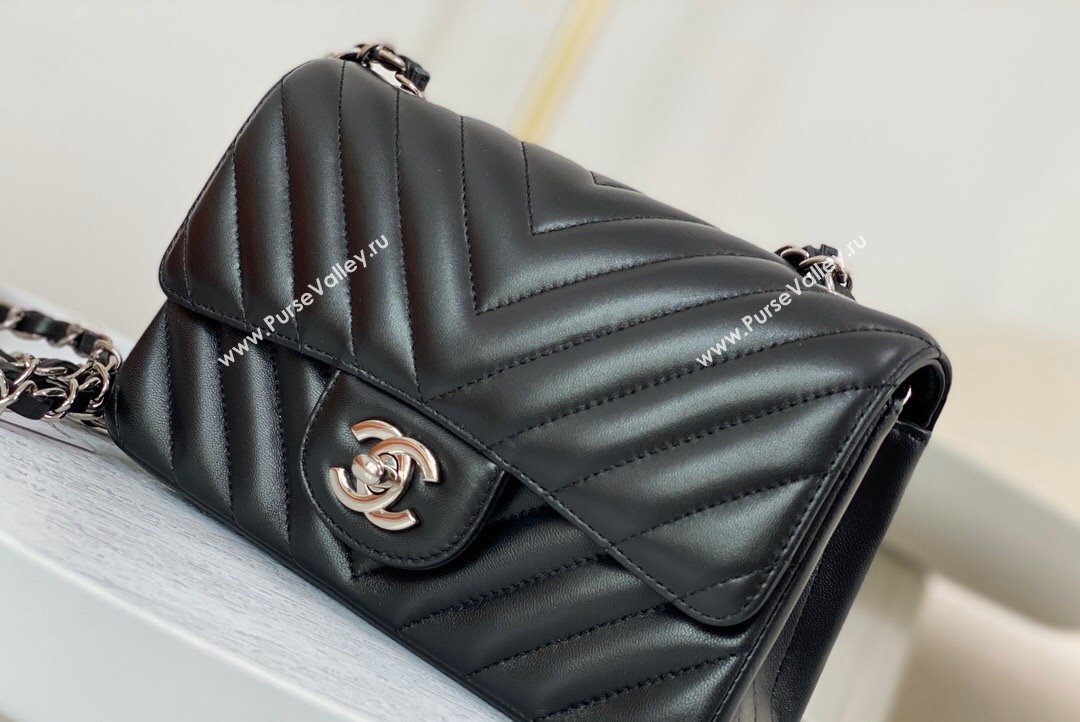 Chanel Chevron Lambskin Mini Classic Flap Bag Black Silver 2023 A01116 1020 (SM-231020080)