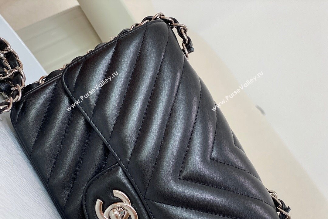 Chanel Chevron Lambskin Mini Classic Flap Bag Black Silver 2023 A01116 1020 (SM-231020080)