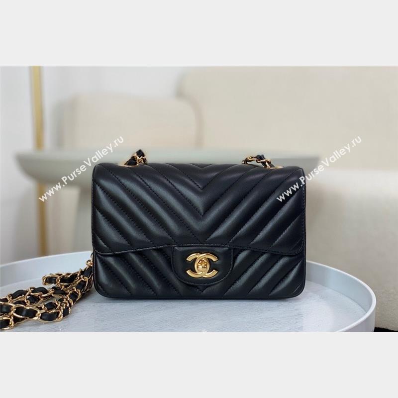 Chanel Chevron Lambskin Mini Classic Flap Bag Black Gold 2023 A01116 1020 (SM-231020081)