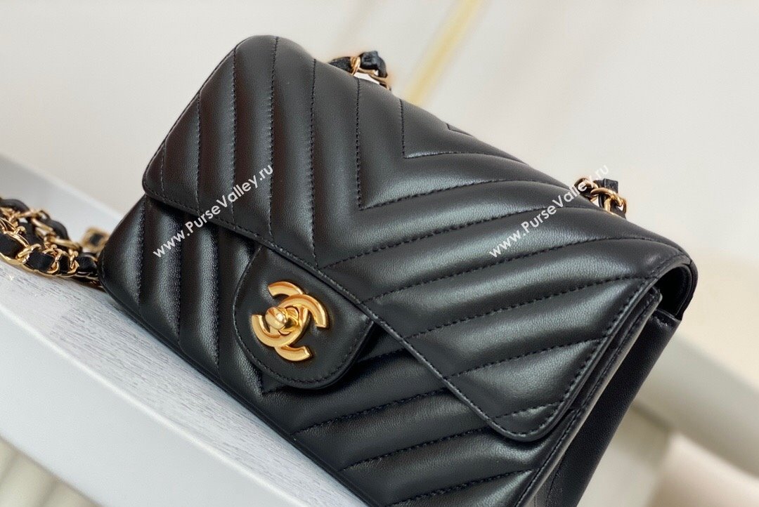 Chanel Chevron Lambskin Mini Classic Flap Bag Black Gold 2023 A01116 1020 (SM-231020081)