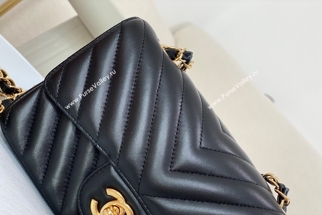 Chanel Chevron Lambskin Mini Classic Flap Bag Black Gold 2023 A01116 1020 (SM-231020081)