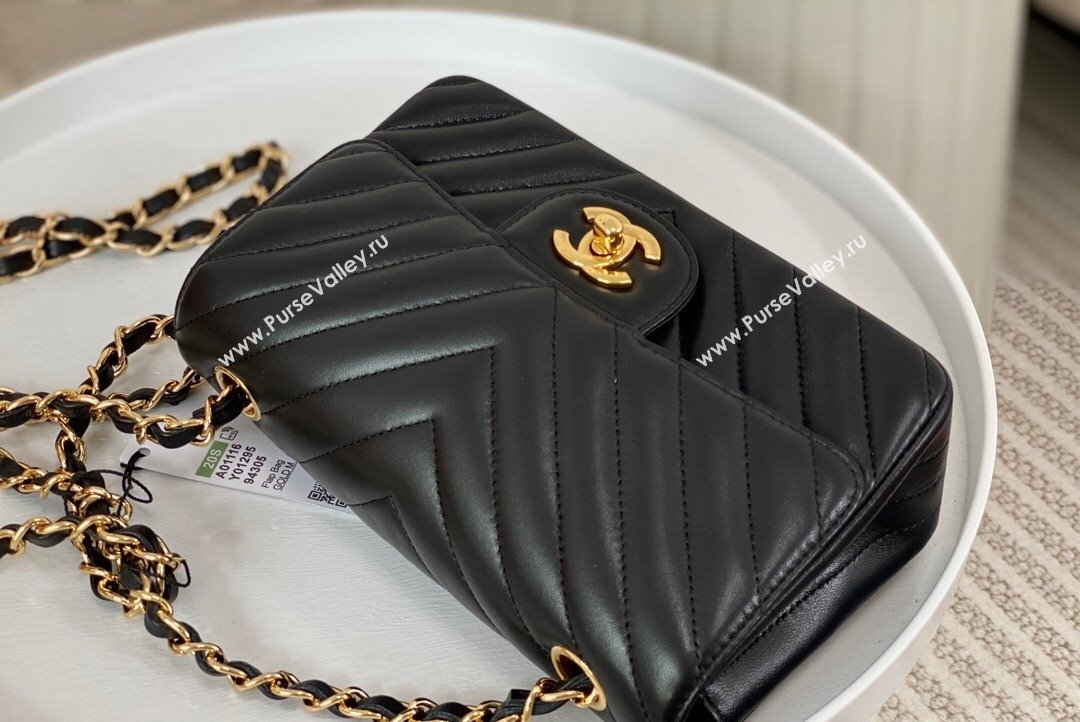 Chanel Chevron Lambskin Mini Classic Flap Bag Black Gold 2023 A01116 1020 (SM-231020081)