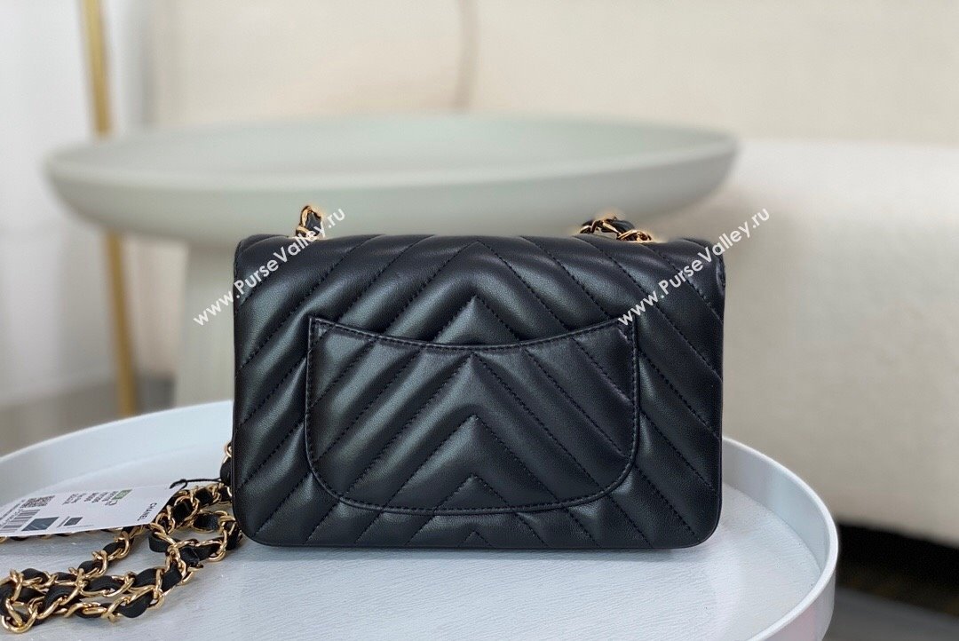 Chanel Chevron Lambskin Mini Classic Flap Bag Black Gold 2023 A01116 1020 (SM-231020081)