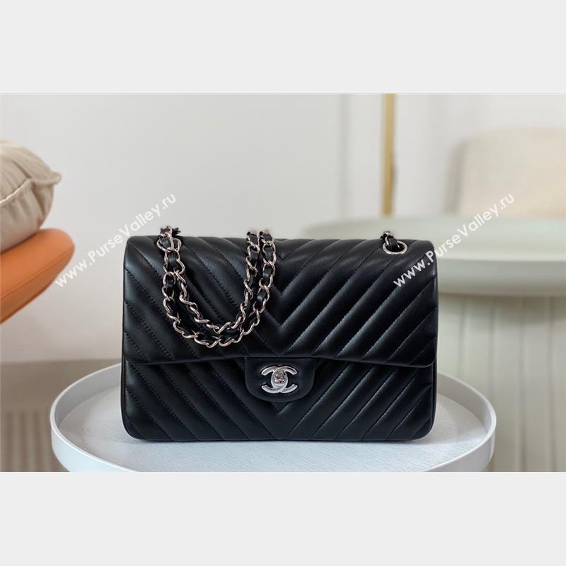 Chanel Chevron Lambskin Medium Classic Flap Bag Black Silver 2023 A01112 1020 (SM-231020082)