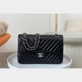 Chanel Chevron Lambskin Medium Classic Flap Bag Black Silver 2023 A01112 1020 (SM-231020082)