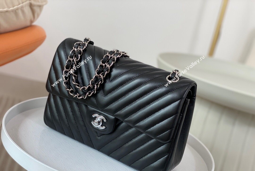 Chanel Chevron Lambskin Medium Classic Flap Bag Black Silver 2023 A01112 1020 (SM-231020082)