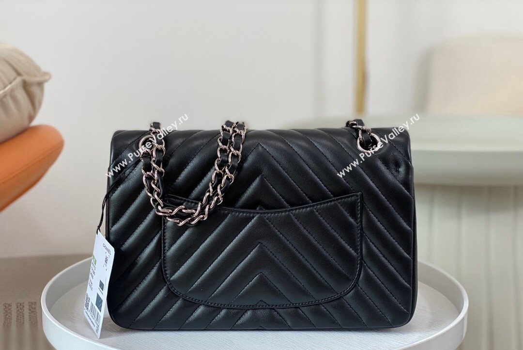 Chanel Chevron Lambskin Medium Classic Flap Bag Black Silver 2023 A01112 1020 (SM-231020082)