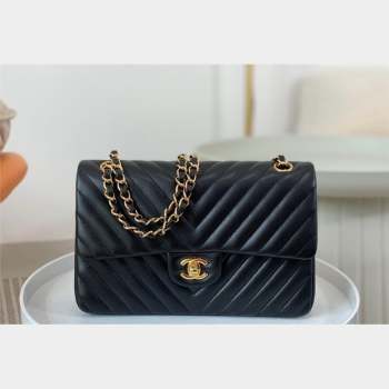 Chanel Chevron Lambskin Medium Classic Flap Bag Black Gold 2023 A01112 1020 (SM-231020083)