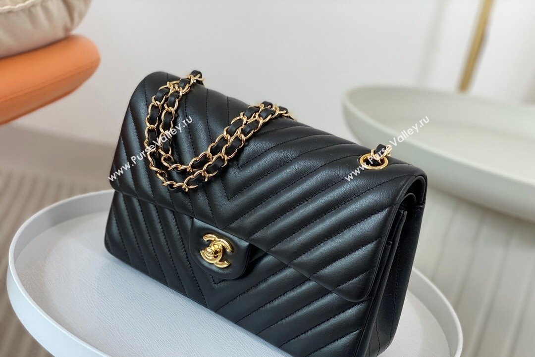 Chanel Chevron Lambskin Medium Classic Flap Bag Black Gold 2023 A01112 1020 (SM-231020083)