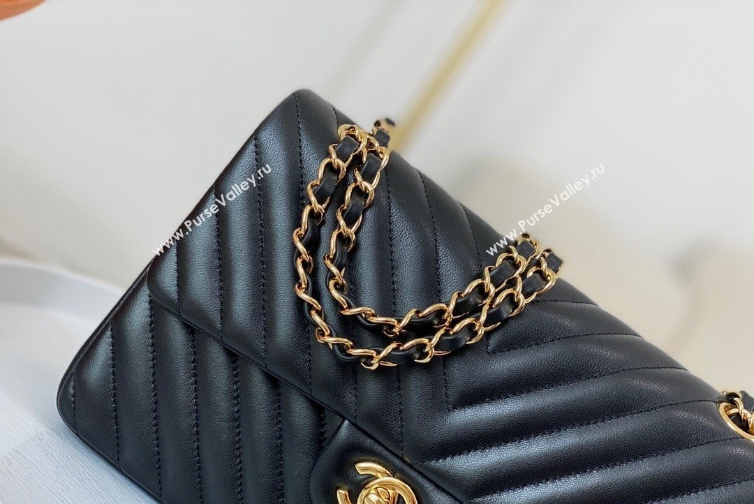 Chanel Chevron Lambskin Medium Classic Flap Bag Black Gold 2023 A01112 1020 (SM-231020083)