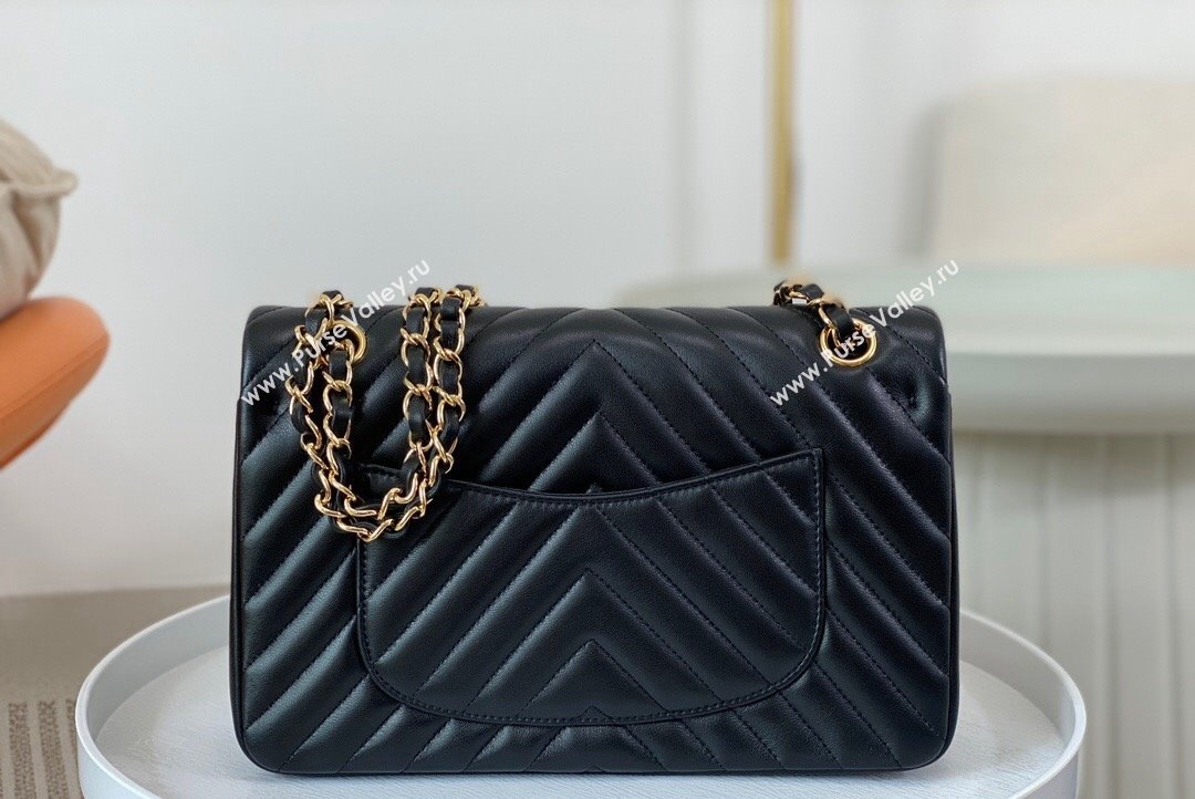 Chanel Chevron Lambskin Medium Classic Flap Bag Black Gold 2023 A01112 1020 (SM-231020083)